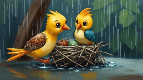 A classic oil painting depicting a wet, rainy scene with two cartoon birds building a nest in a classic animation style. The