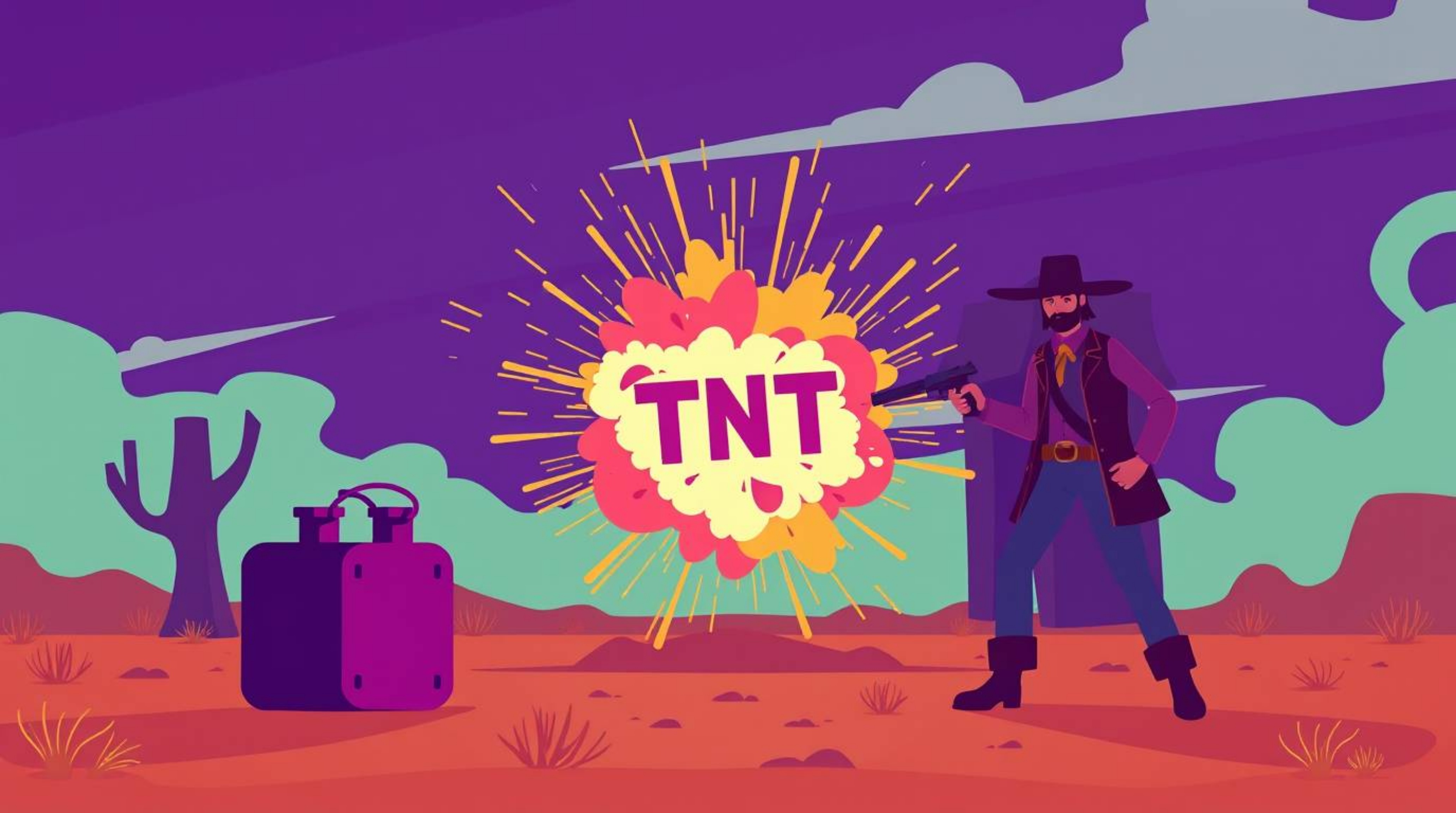 A classic exploding TNT gag set in the Wild West, reimagined in a modern flat design. This vibrant animation features deep ul