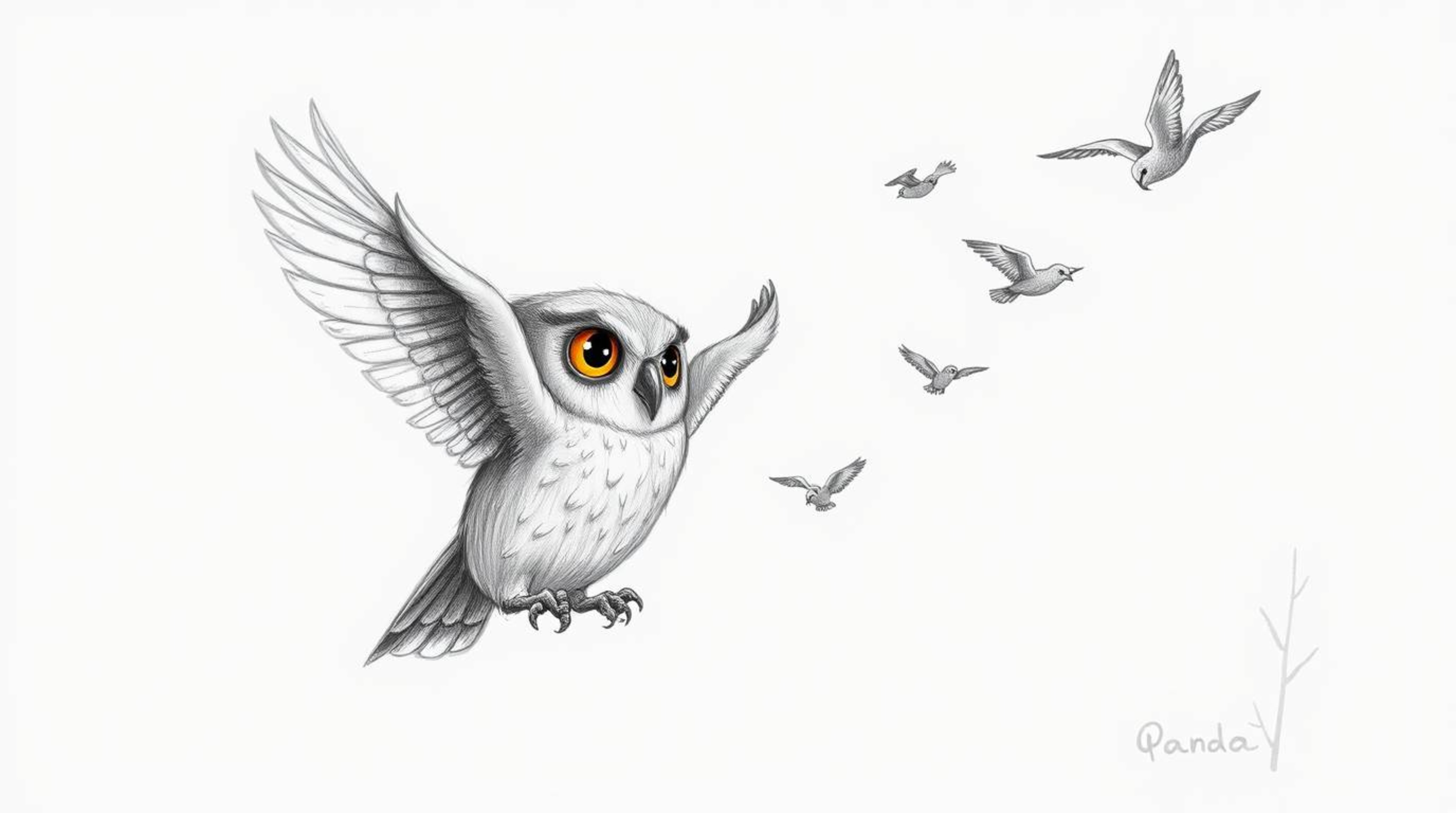 A captivating Pixar-style hand-drawn sketch depicts a serene blind owl gently guiding fledgling birds in flight.  The detaile