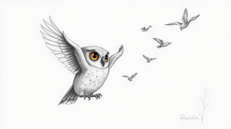 A captivating Pixar-style hand-drawn sketch depicts a serene blind owl gently guiding fledgling birds in flight.  The detaile