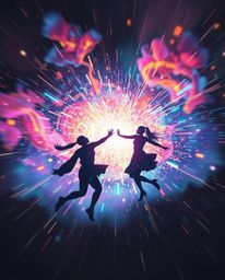 Witness the breathtaking spectacle of colliding galaxies in a cosmic explosion! Iridescent colors dance across dynamic silhou