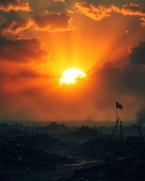 A captivating image depicting a sunrise over a war-torn landscape, interpreted with an ethereal and spiritual touch.  Intense