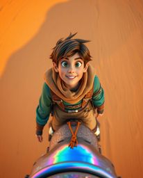 Embark on a captivating desert adventure with a brave Disney hero, viewed from a unique overhead bird's eye perspective. This