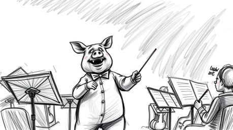 A captivating hand-drawn sketch depicts a pig character dramatically conducting an orchestra.  Rendered in high contrast, low
