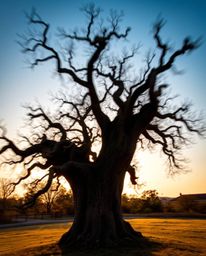 A long exposure photograph of a sunset behind an old oak tree with twisted branches, this image is defined by its vibrant com