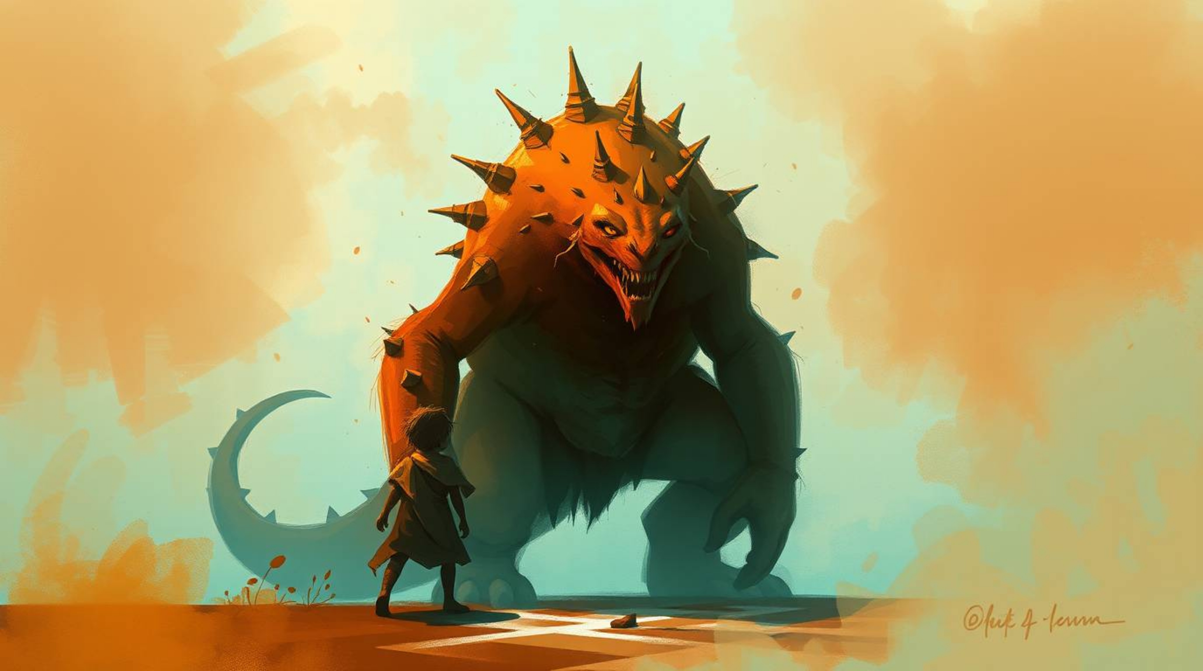 A whimsical digital painting depicting an unlikely friendship between a child and a friendly monster.  Warm terracotta and co