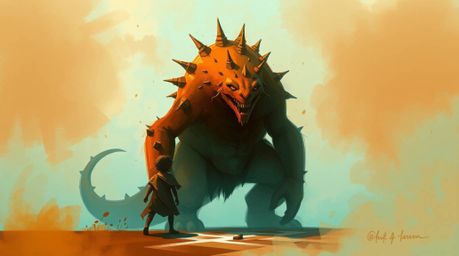 A whimsical digital painting depicting an unlikely friendship between a child and a friendly monster.  Warm terracotta and co