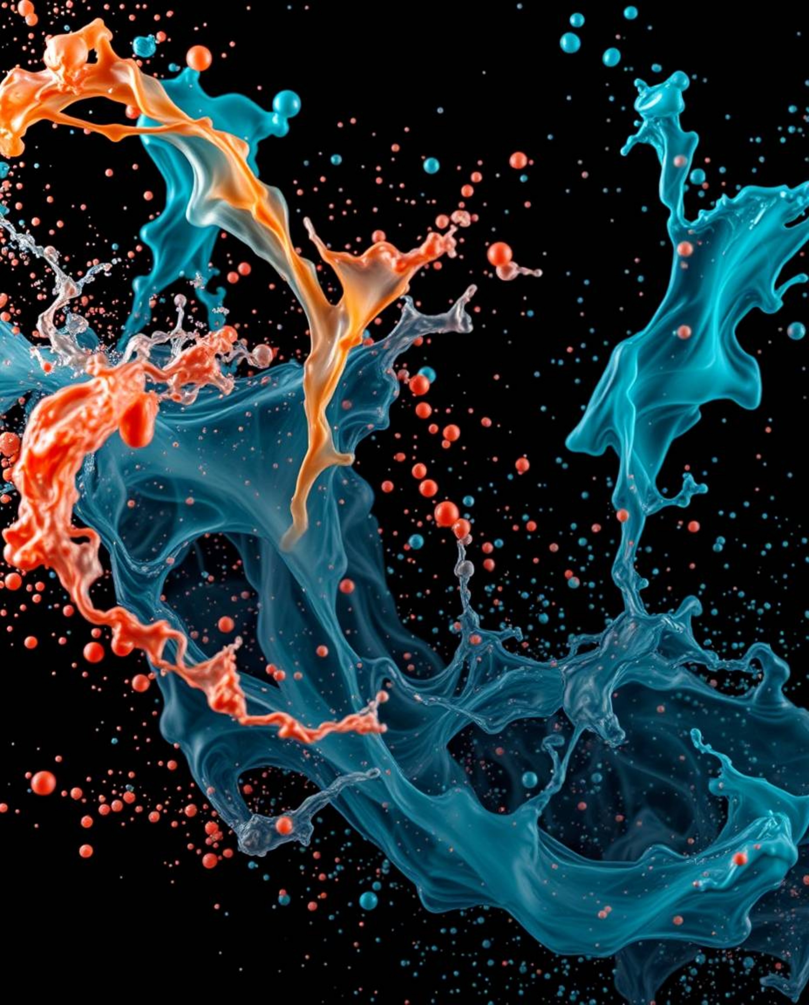 This freeze-frame motion artistic photograph captures dynamic and colorful splashes against a rich black background, creating