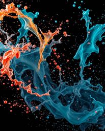 This freeze-frame motion artistic photograph captures dynamic and colorful splashes against a rich black background, creating