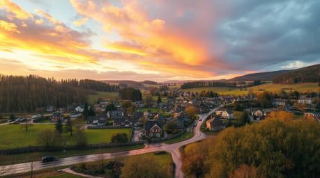 Experience the charm of a cozy village nestled in a picturesque valley, viewed from an overhead perspective.  A vibrant, colo