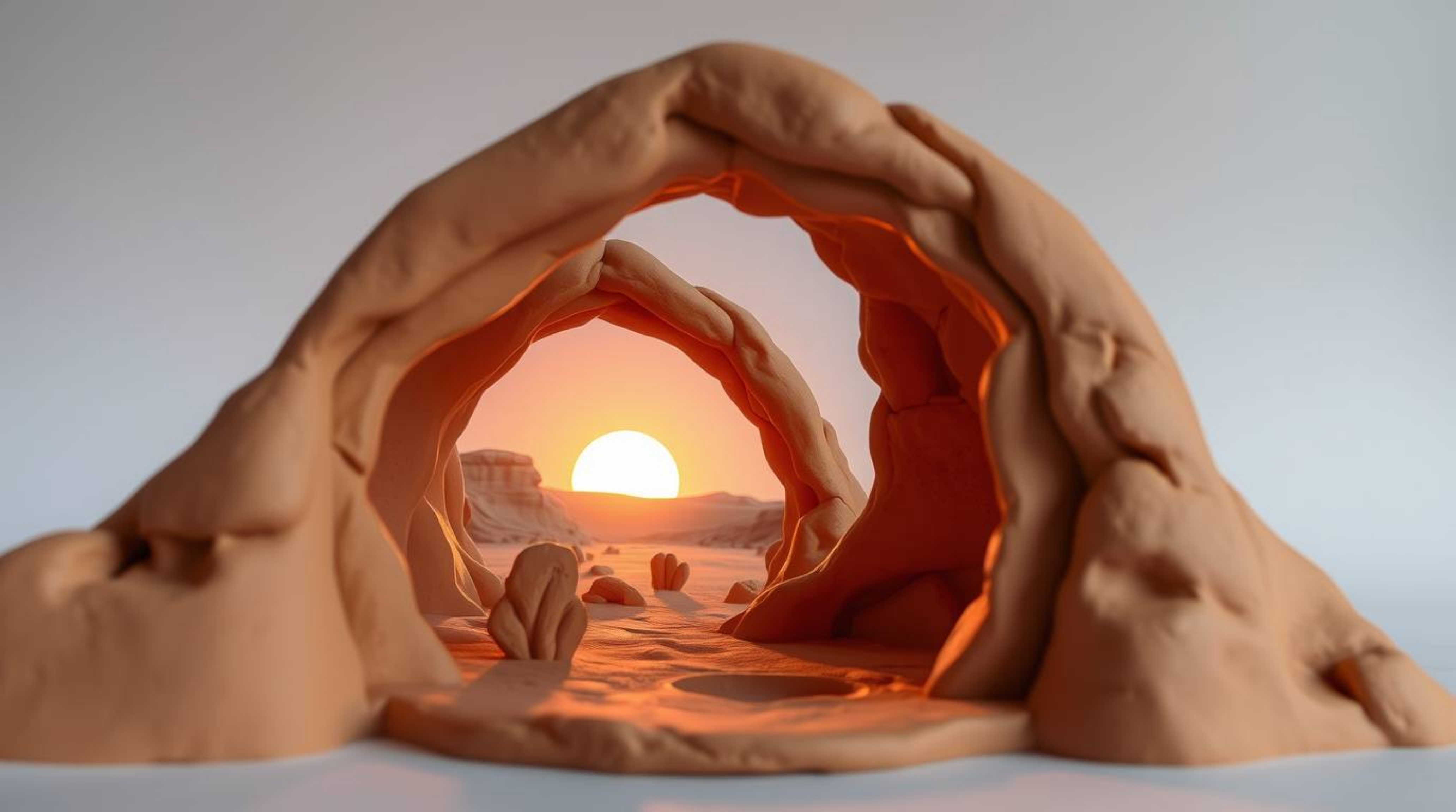 Sculptural clay art depicting a serene desert sunset viewed through a natural rock arch, characterized by gentle soft light, 