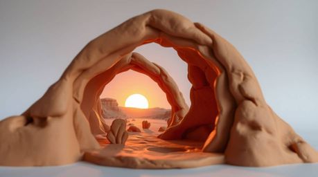 Sculptural clay art depicting a serene desert sunset viewed through a natural rock arch, characterized by gentle soft light, 