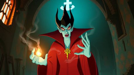 A classic Disney villain with sharp features and pale skin is casting a spell within a crumbling old castle, rendered in warm