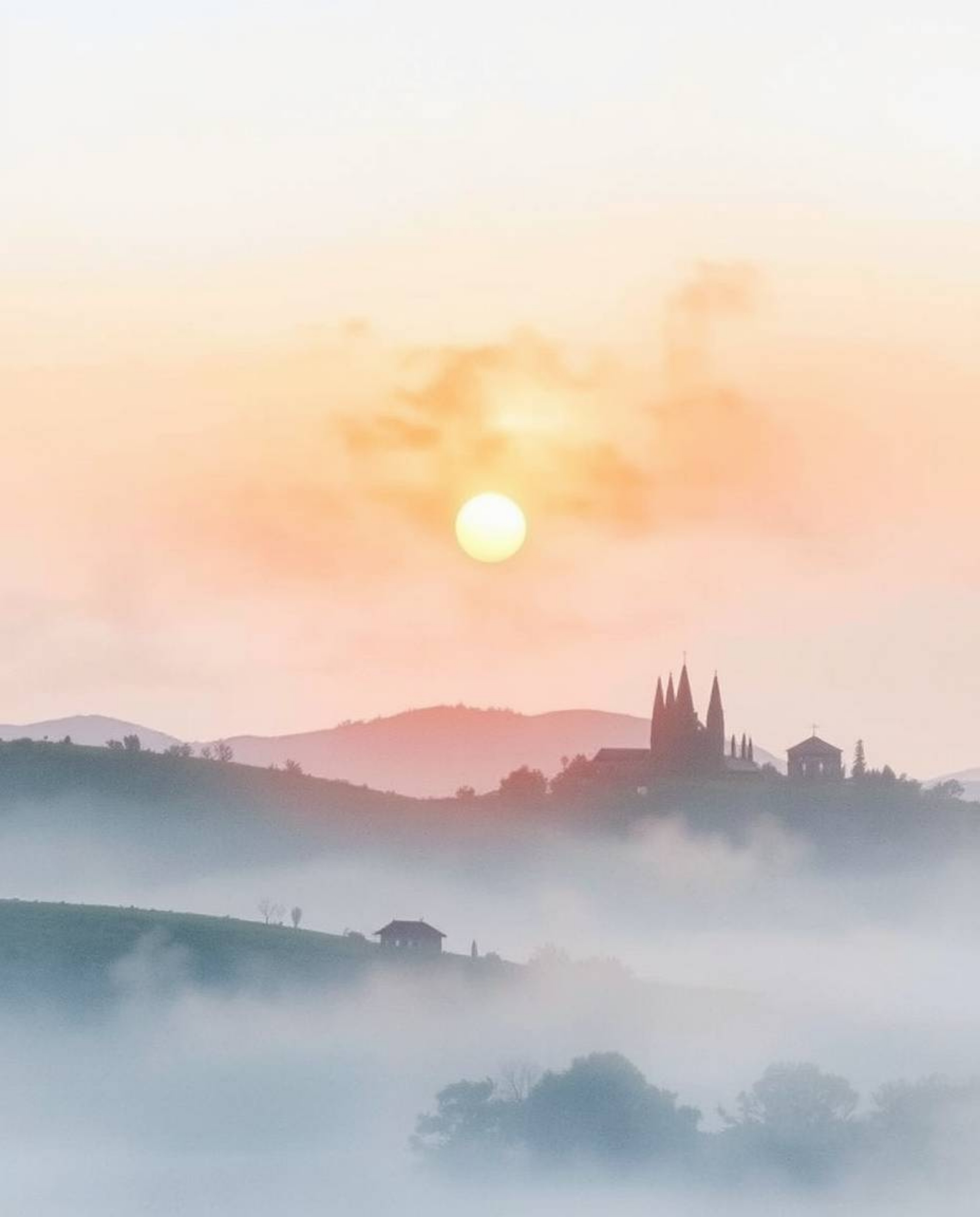 This is a delicate watercolor painting of a sunset over misty Tuscan hills. The artwork is characterized by a soft cinematic 