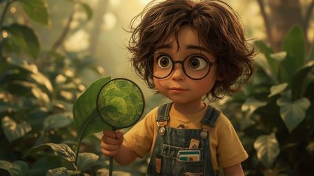 A highly detailed, high-resolution stock photo shows a young, bespectacled homeschooled genius, depicted in a vibrant, styliz