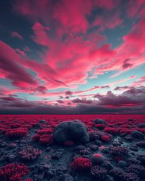 A modern flat design image depicts a surreal, infrared-toned scene of a colorful sky over a coral reef at low tide. This artw