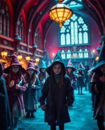 Discover a breathtaking futuristic magical school filled with young wizards. This captivating scene blends vibrant burgundy