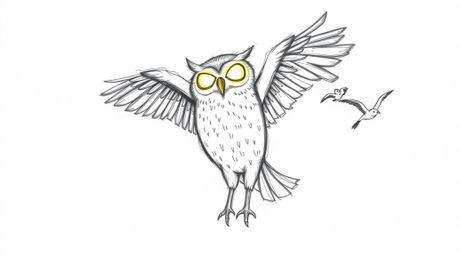 A unique Pixar-style hand-drawn sketch featuring a blind owl with luminous, glowing feathers, brightly illuminated by a singl
