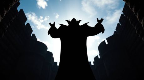 A dramatic image of a silhouetted Disney villain casting a spell within an ancient stone castle. Backlit against a bright sky