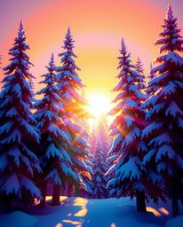 A lively and energetic digital painting captures silhouetted snowy pine trees against a backdrop of vibrant colors. The scene