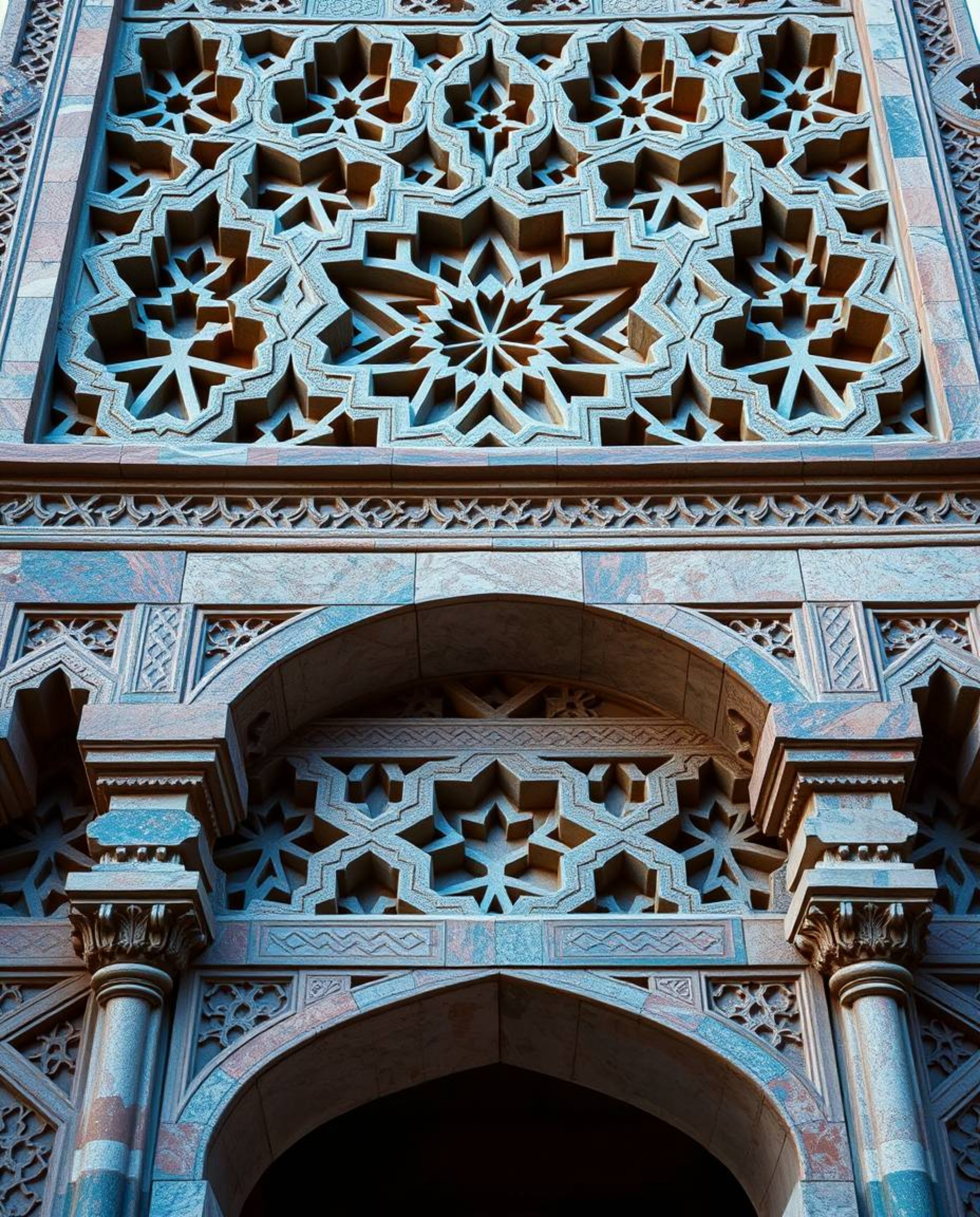 This collection showcases precise architectural color photographs of cool-toned Islamic geometric patterns intricately carved
