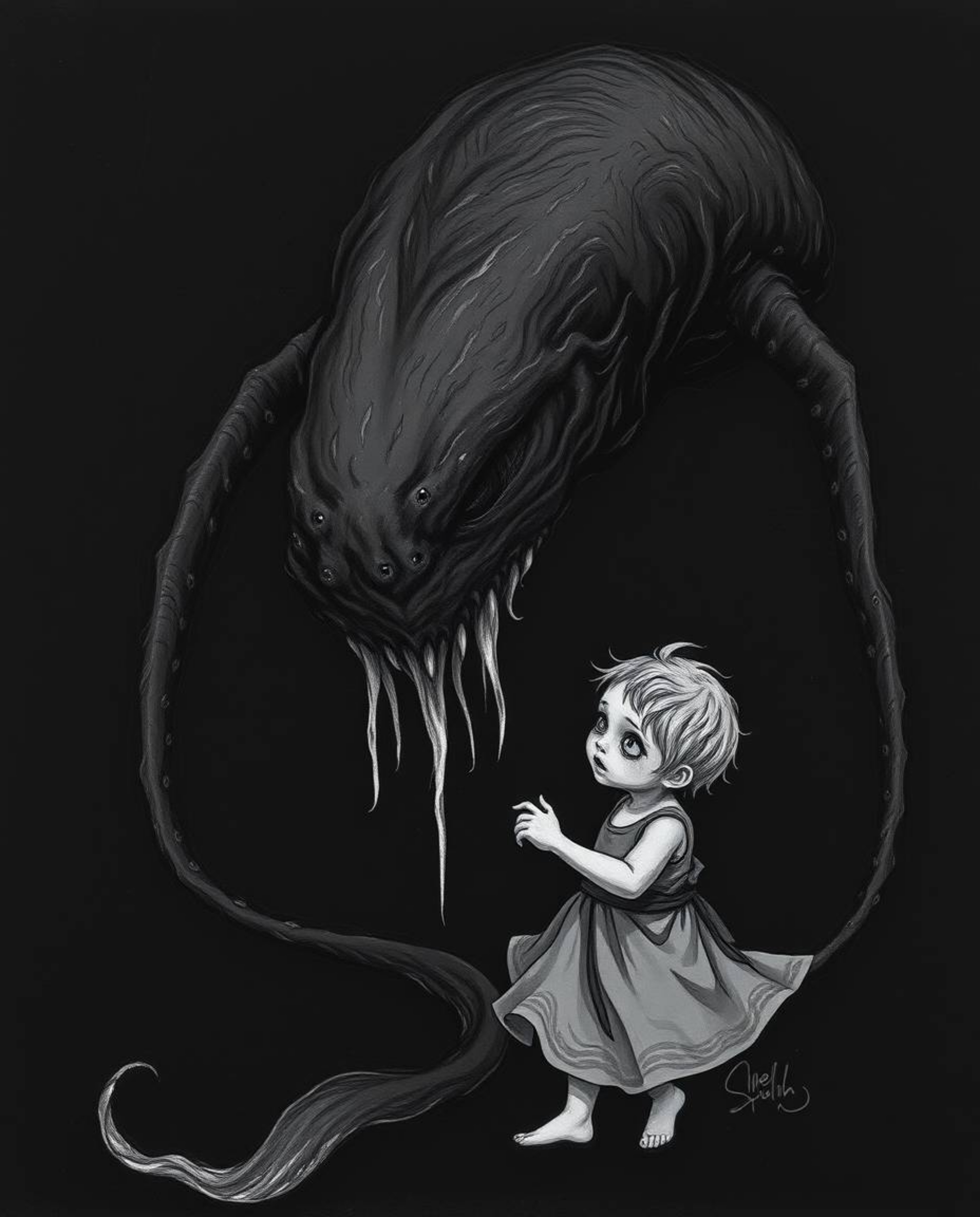 A chilling illustration depicts a pure black sea creature and a child, rendered in intense jet black with deep shadows and un