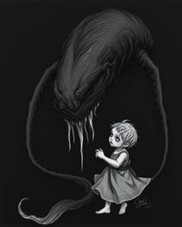 A chilling illustration depicts a pure black sea creature and a child, rendered in intense jet black with deep shadows and un