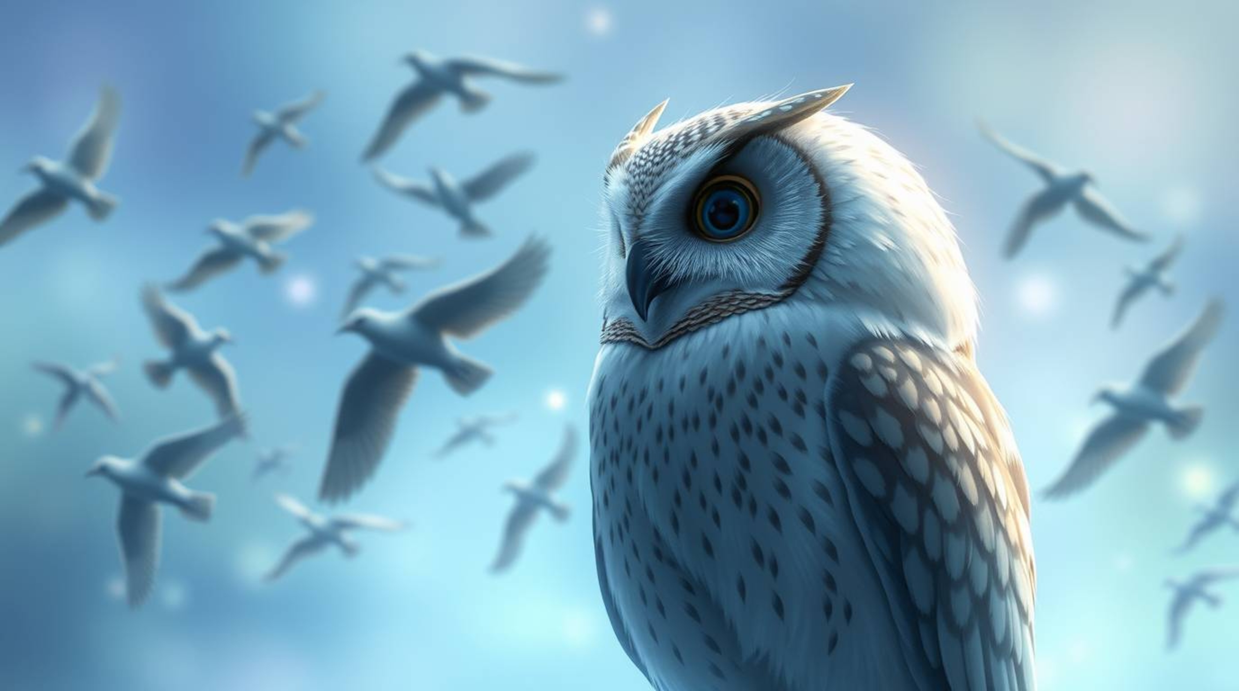This beautiful digital painting, created in a heartwarming Pixar style, depicts a serene blind owl with soft and gentle facia