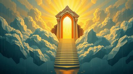 A captivating fantasy realism painting rendered in intricate origami style.  The artwork depicts a majestic heavenly gate flo