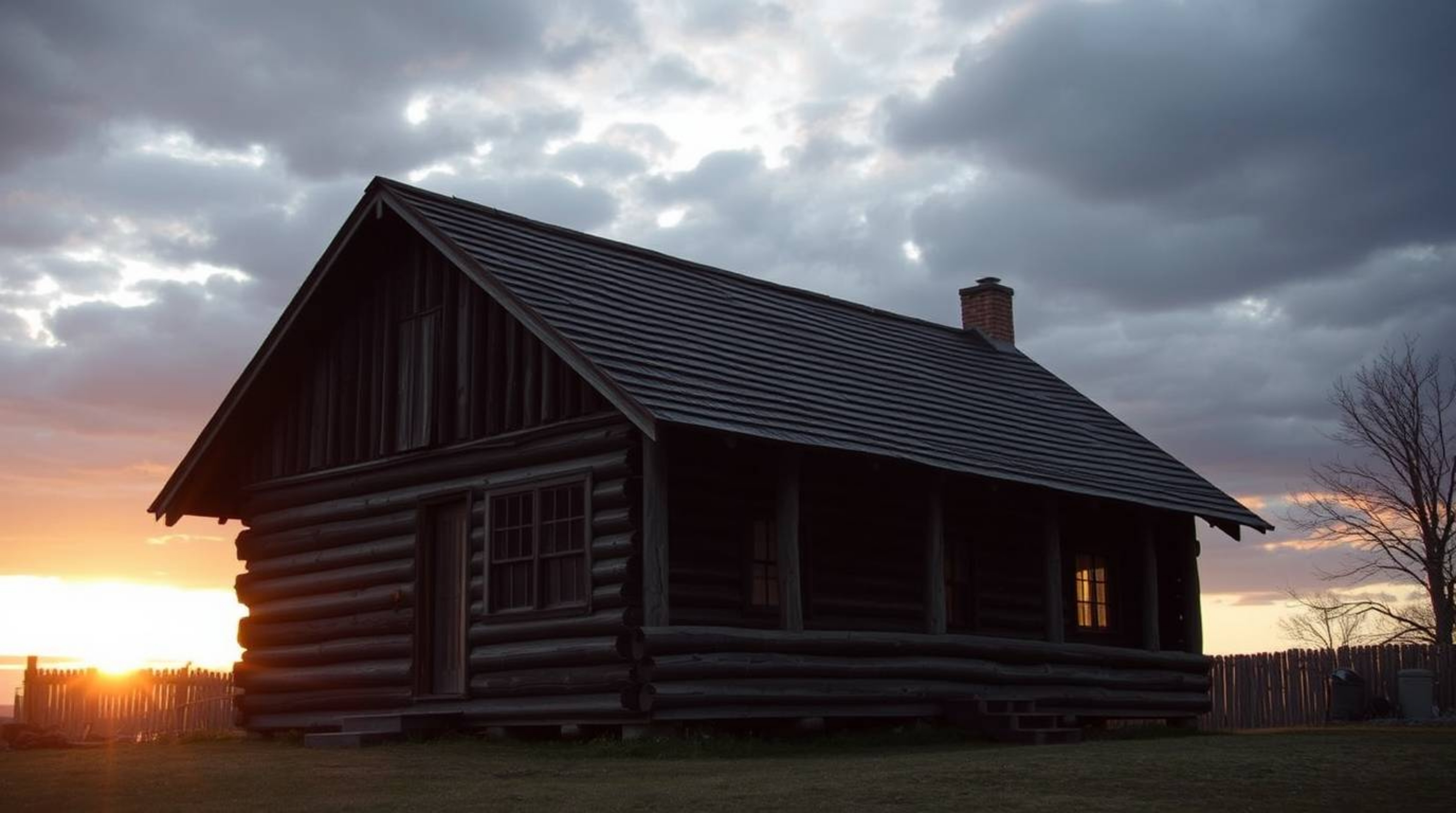 Discover a captivating image of an old wooden cabin bathed in the warm hues of sunset. Rendered in a strong, moody style with