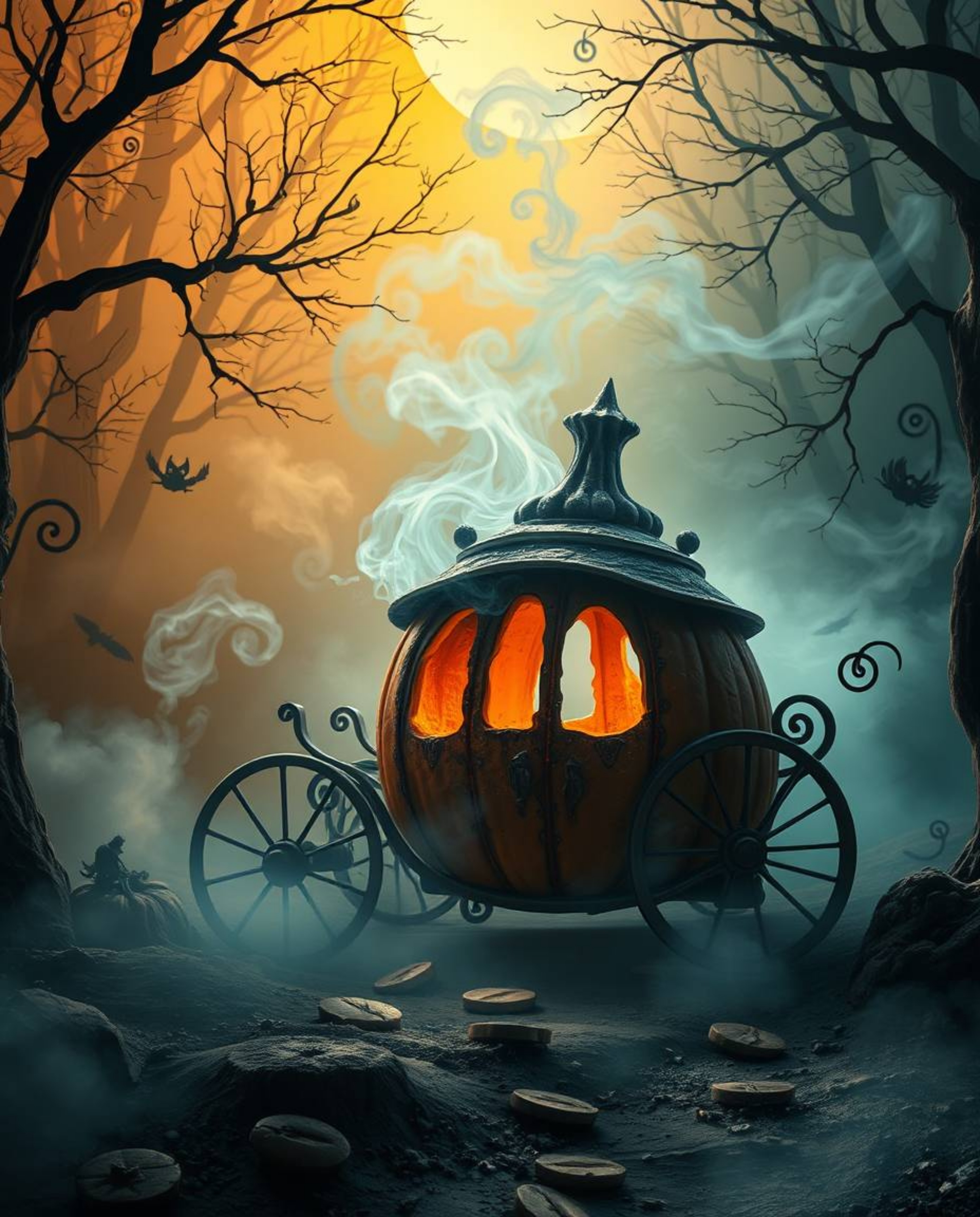 Witness a magical pumpkin transform into a carriage in a captivating, divided environment. Gentle color contrasts create a d