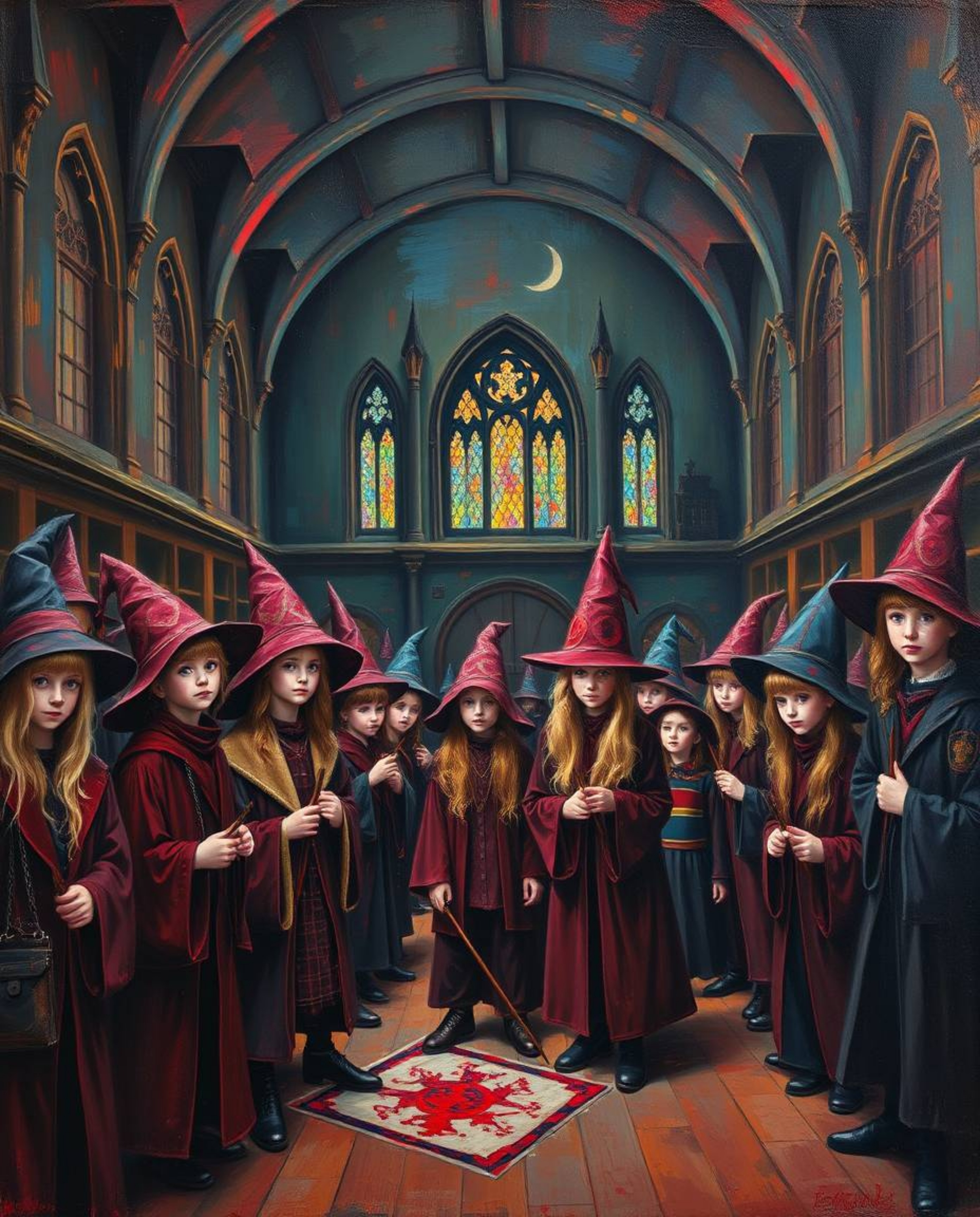 Immerse yourself in a classic oil painting depicting a magical school teeming with young wizards. This sophisticated and eleg