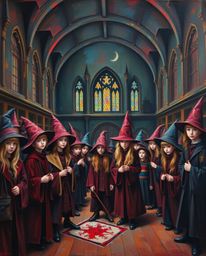 Immerse yourself in a classic oil painting depicting a magical school teeming with young wizards. This sophisticated and eleg