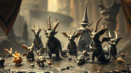 Explore a fantastical kingdom teeming with quirky magical creatures, brought to life with a distinctive cast bronze texture, 