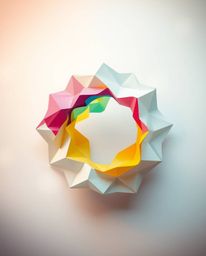 This image showcases an intricate origami-style design featuring colorful 3D fluid shapes dynamically interacting with geomet