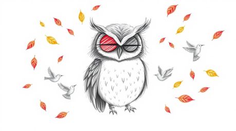 A heartwarming hand-drawn sketch in Pixar style depicts a blind, wise-looking owl with a kind expression, gently guiding fled