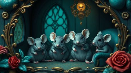 Immerse yourself in a vibrant and luxurious scene featuring anthropomorphic mice in a cozy cottage. The rich, deep teal color