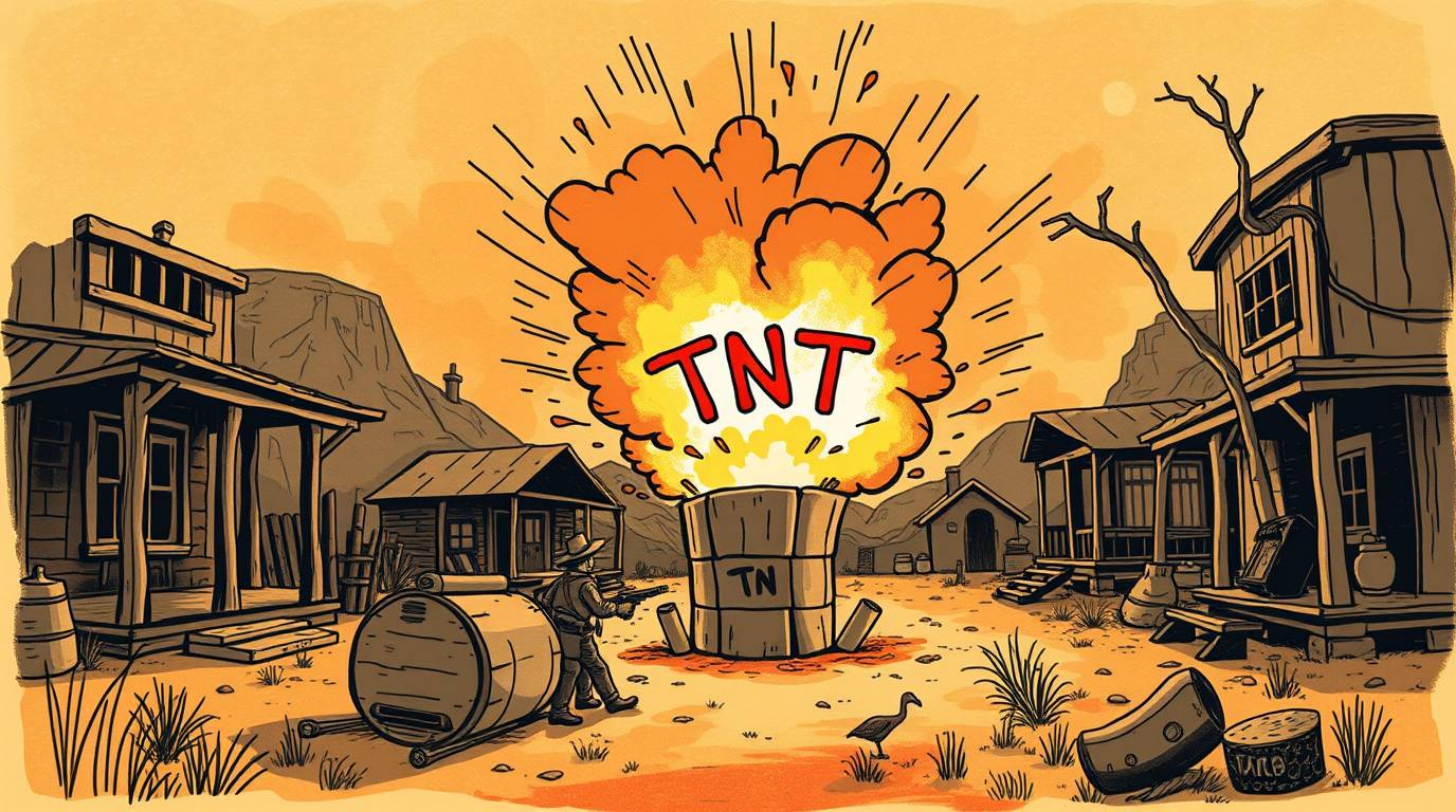 This hand-drawn sketch captures a classic exploding TNT gag in the wild west, rendered with warm autumn colors and an earthy,