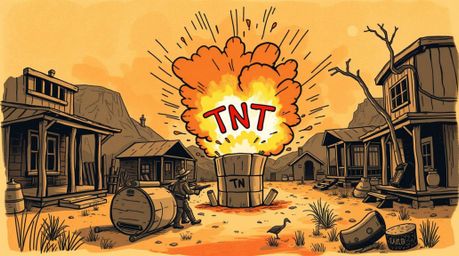 This hand-drawn sketch captures a classic exploding TNT gag in the wild west, rendered with warm autumn colors and an earthy,