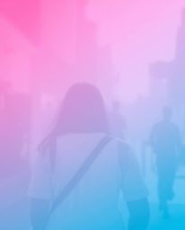 Capture the essence of urban life with a dreamy and ethereal street photograph, featuring a soft gradient texture blending pi