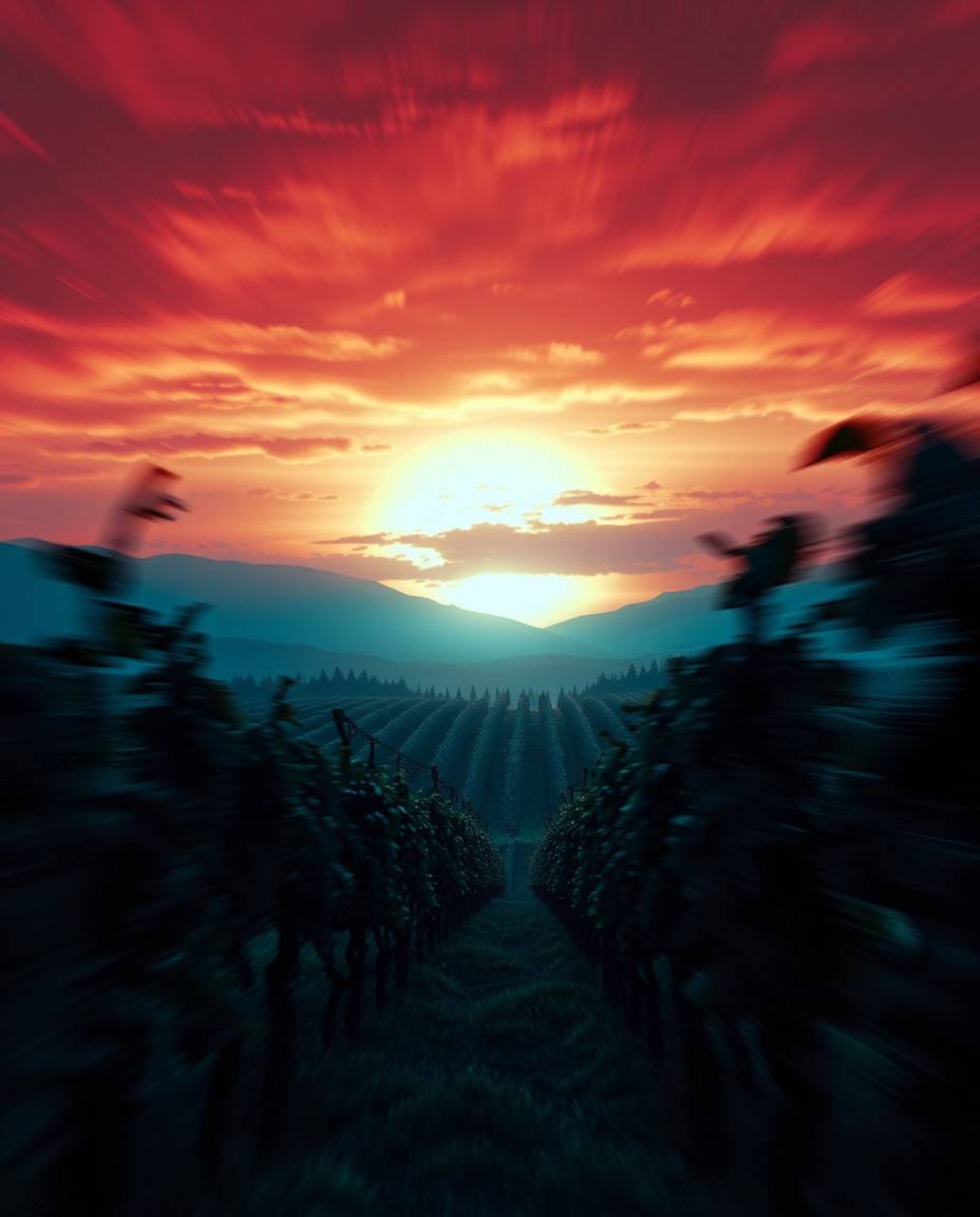 This is a piece of dreamlike and surreal imagery depicting a dynamic sunset over a vineyard. The artwork is defined by its ri