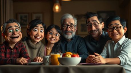 This high-resolution stock photo depicts a Pixar-style family reunion, capturing a heartfelt moment between family members. T