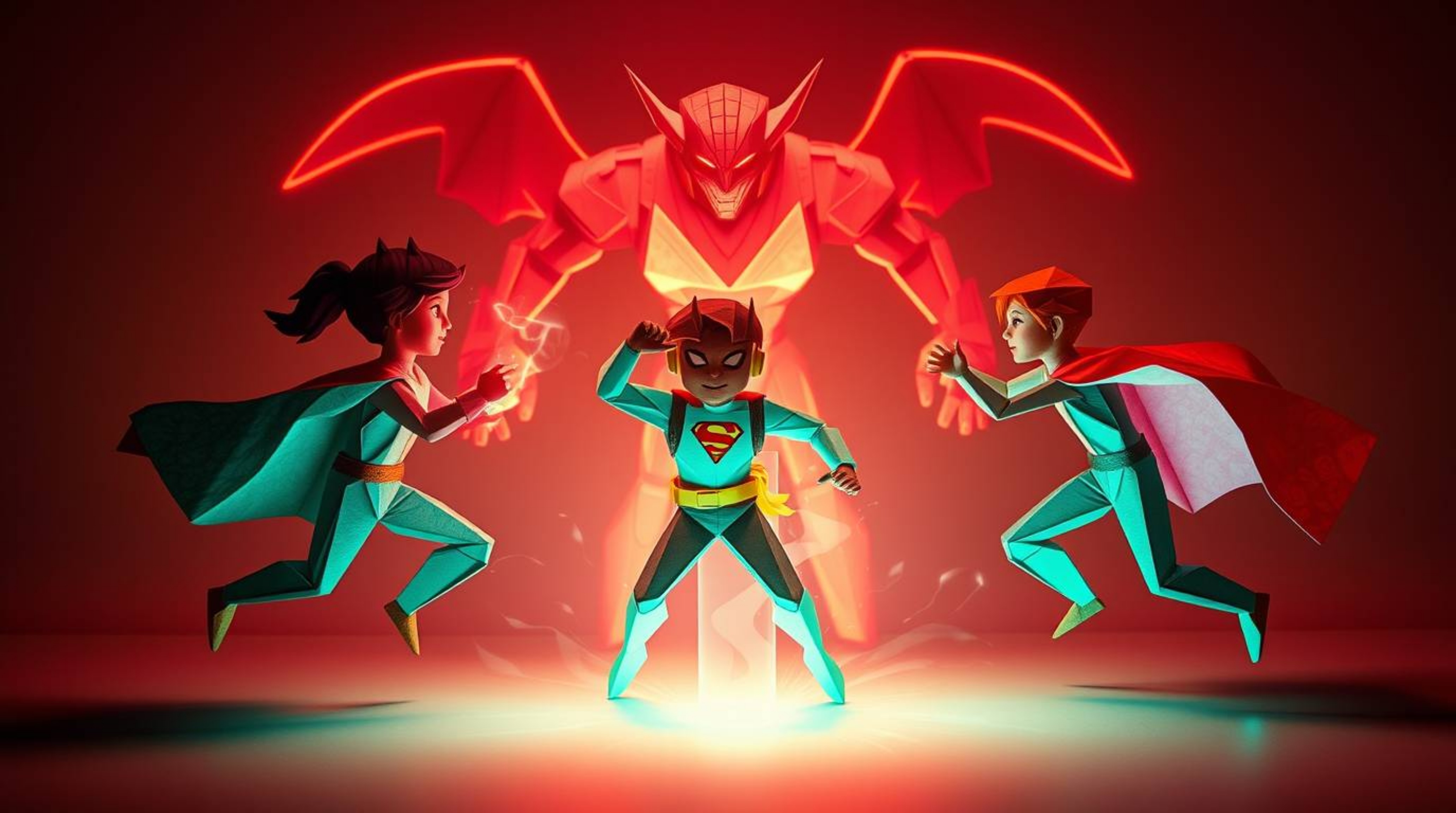 Witness an epic battle rendered in stunning origami style, where a trio of superpowered kids confronts a formidable robot. Th