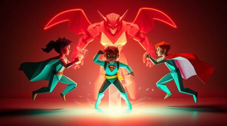 Witness an epic battle rendered in stunning origami style, where a trio of superpowered kids confronts a formidable robot. Th