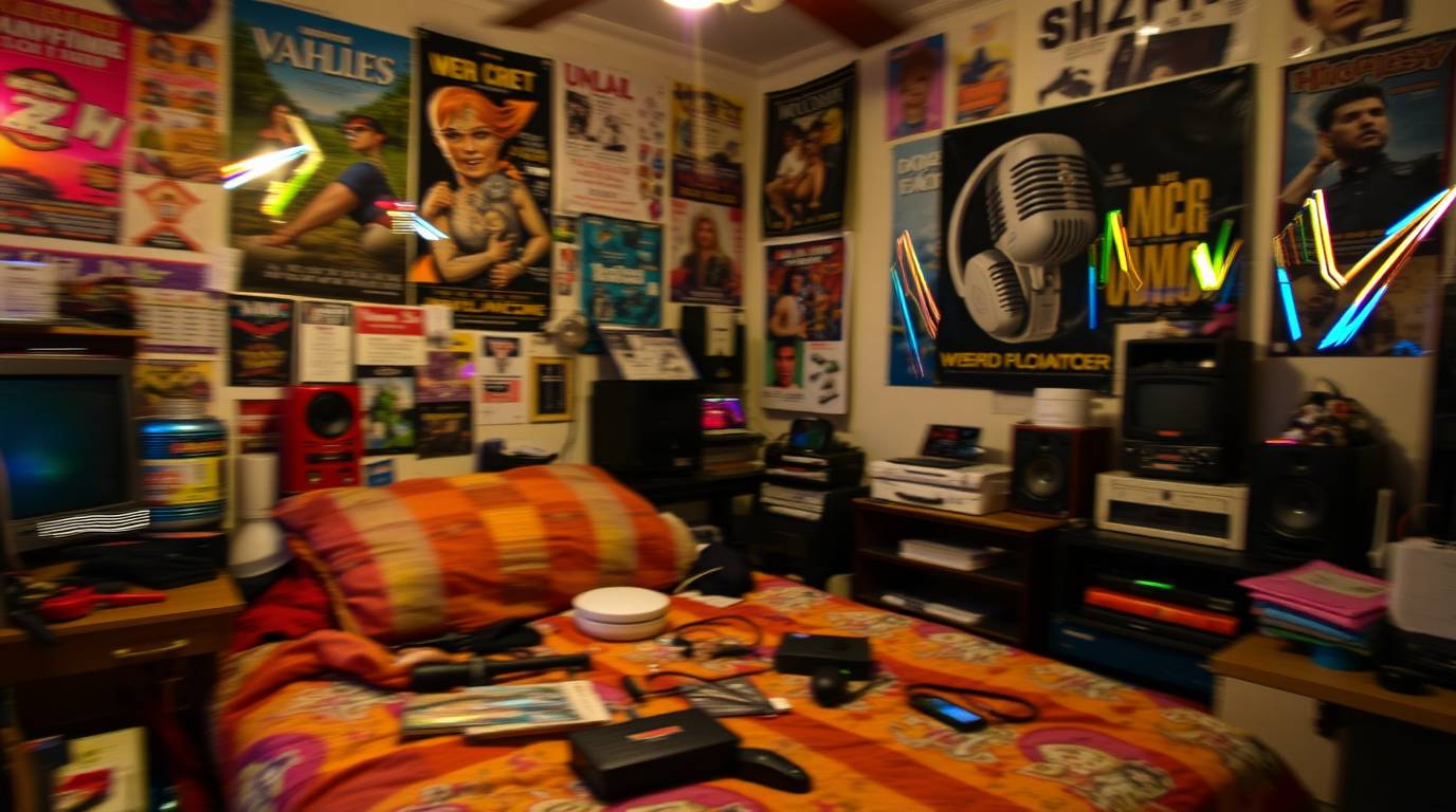 A captivating long-exposure photograph reveals a messy bedroom filled with strange gadgets and vibrant posters. Iridescent co