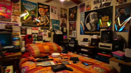 A captivating long-exposure photograph reveals a messy bedroom filled with strange gadgets and vibrant posters. Iridescent co