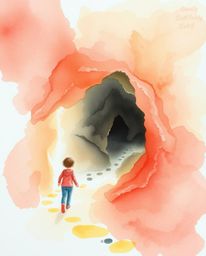 A delicate watercolor painting depicts a child embarking on a magical journey into a cave, guided by a trail of glowing foots