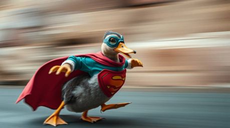 This image showcases a dynamic and blurred depiction of a duck sporting a zany superhero costume. Rich deep teal tones create