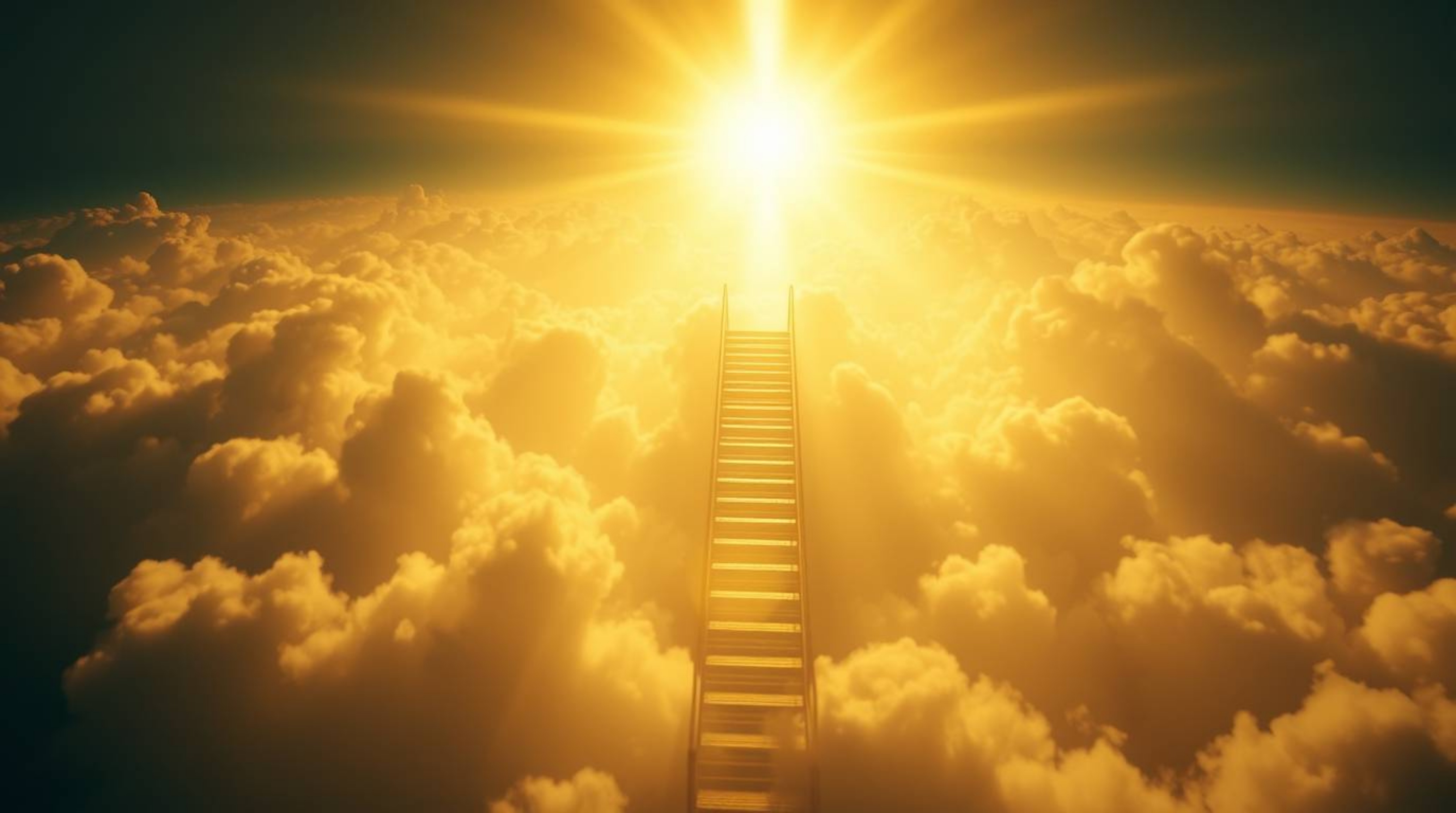 A captivating overhead shot depicts a golden staircase ascending through ethereal clouds towards a radiant heaven. Sunlight p