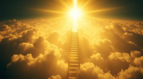 A captivating overhead shot depicts a golden staircase ascending through ethereal clouds towards a radiant heaven. Sunlight p